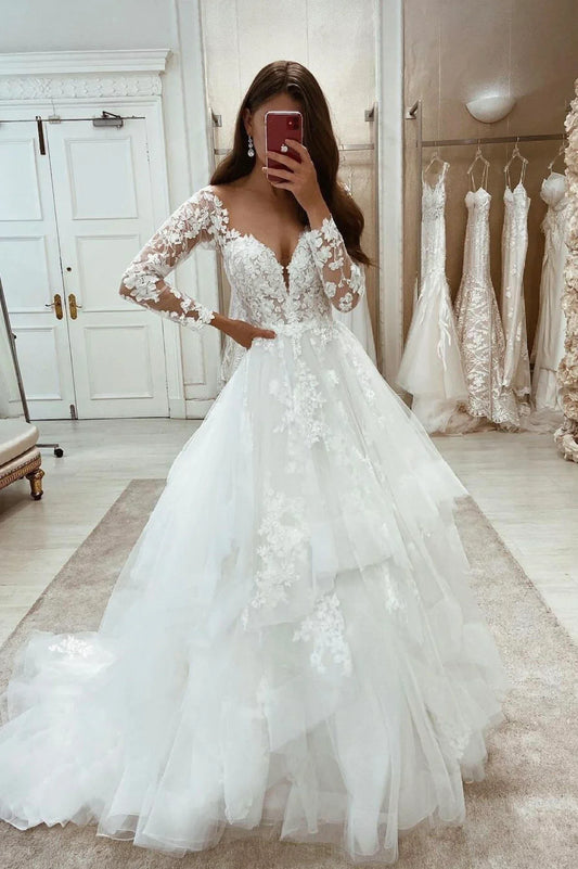 White Lace Long Sleeve Prom Dresses, A-Line Formal Evening Gown      fg4281