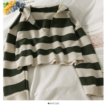 Hooded sweater women's autumn stripe versatile long sleeve Pullover Sweater  1989
