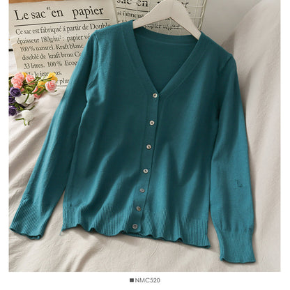 Single breasted V-neck cardigan long sleeve bottomed blouse female  1794