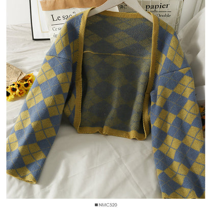 Diamond check short irregular long sleeved women  1697