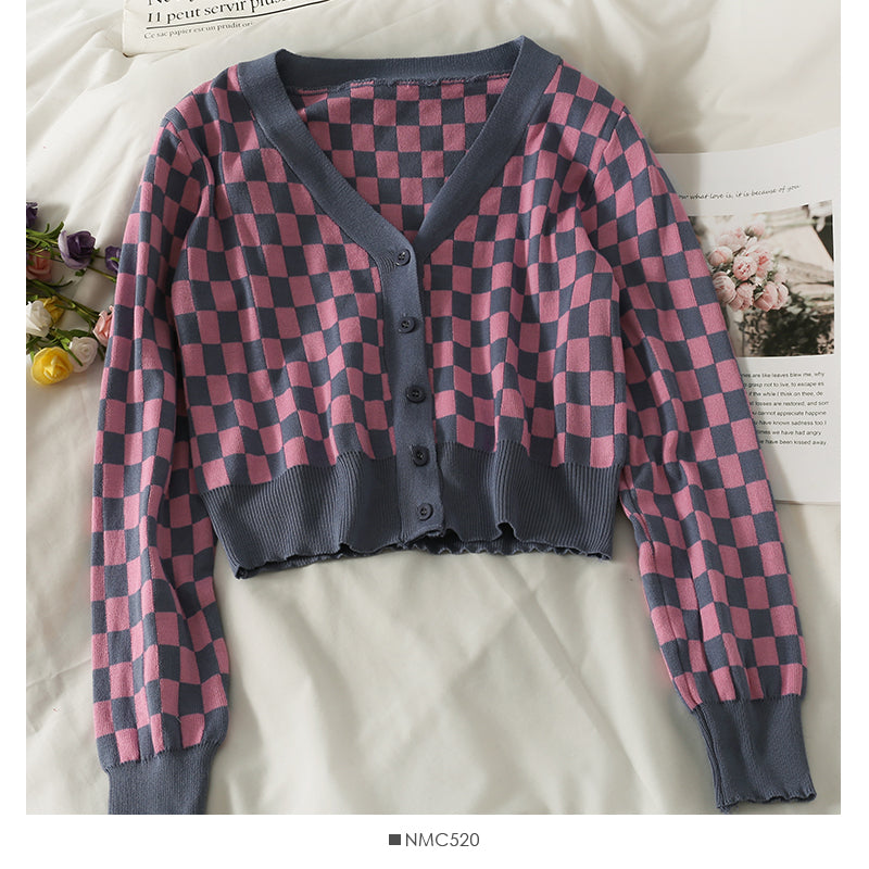 Plaid short single breasted long sleeved cardigan  1855