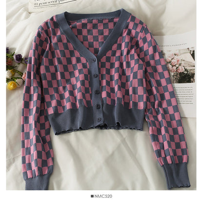 Plaid short single breasted long sleeved cardigan  1855