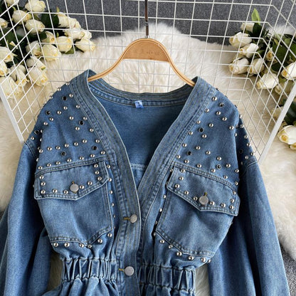 Waistband V-neck heavy industrial nail bead diamond design sense of minority denim jacket  1490