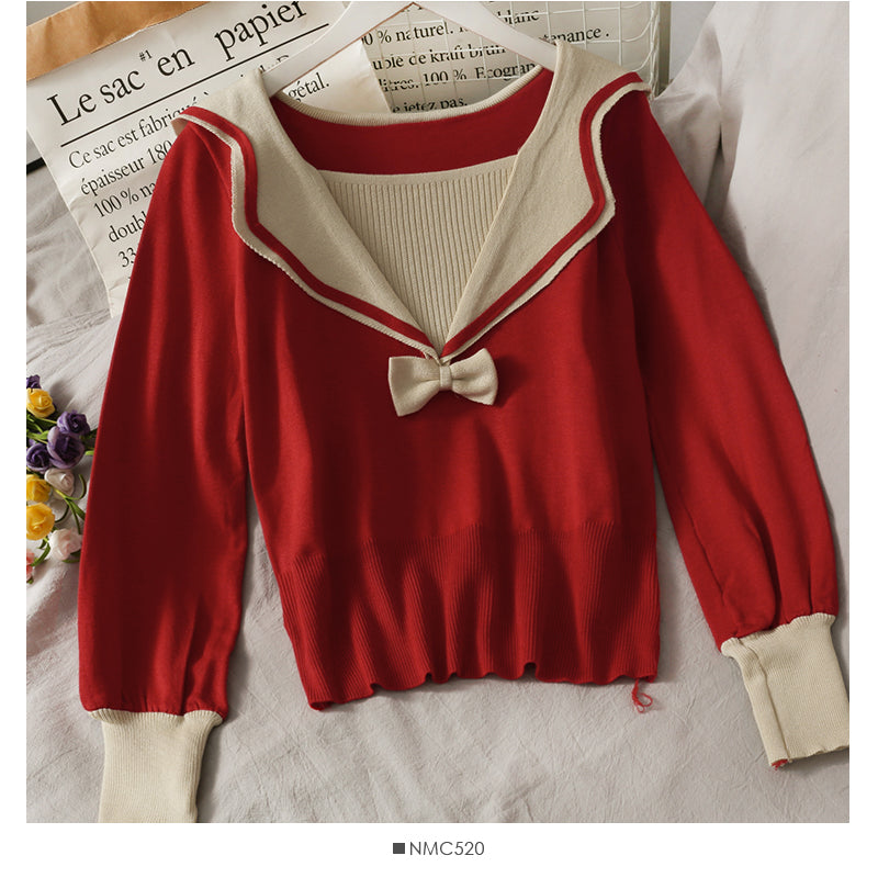 New bow V-neck contrast stitching women's T-shirt  1948