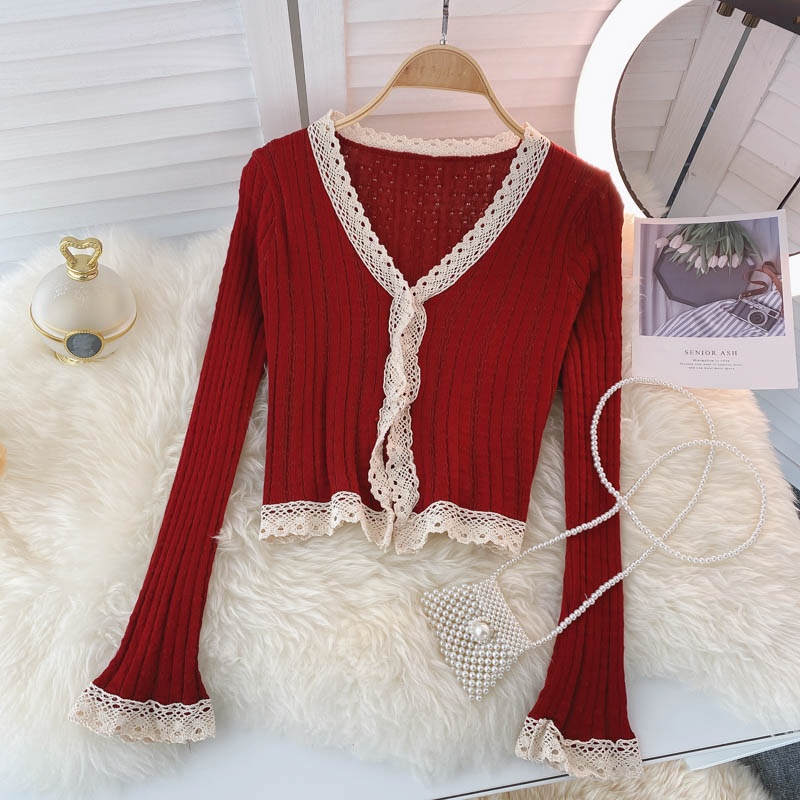 Vintage Knitted Top Women's autumn V-neck lace  1595