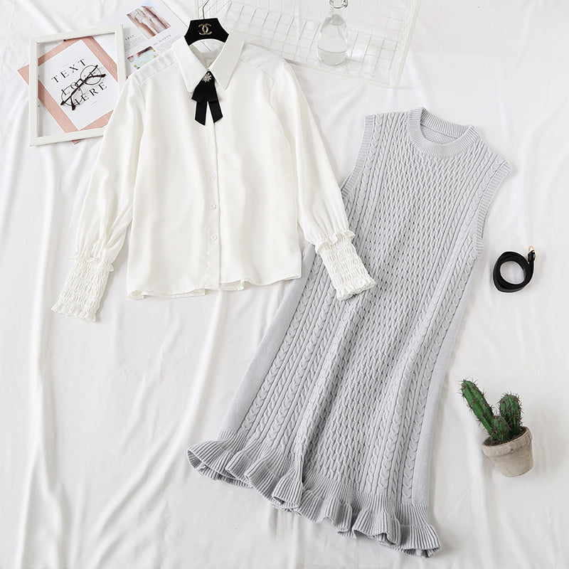 Knitted vest dress children's shirt fashion vest skirt sweater skirt two piece set  2350