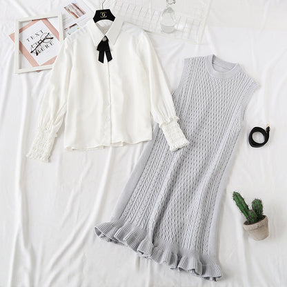 Knitted vest dress children's shirt fashion vest skirt sweater skirt two piece set  2350