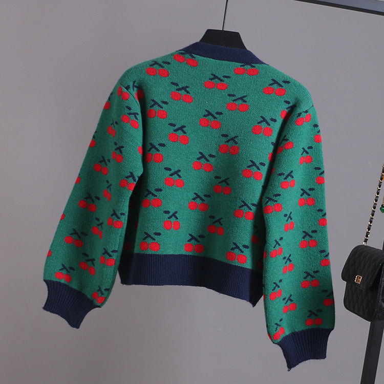 V-neck short knit jacket, cherry jacquard cardigan  1405