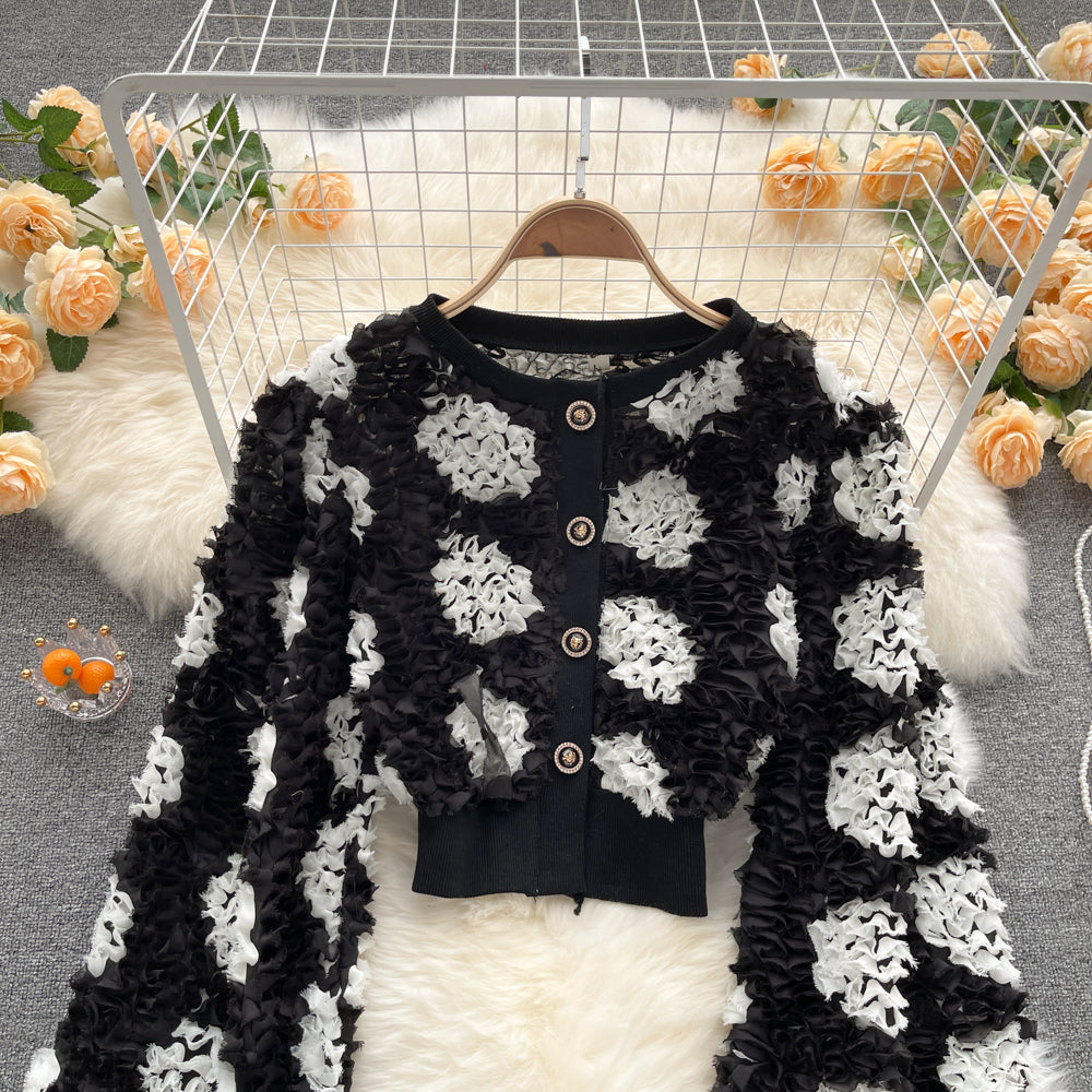 Sweet temperament three-dimensional flower bubble long sleeve top  1564