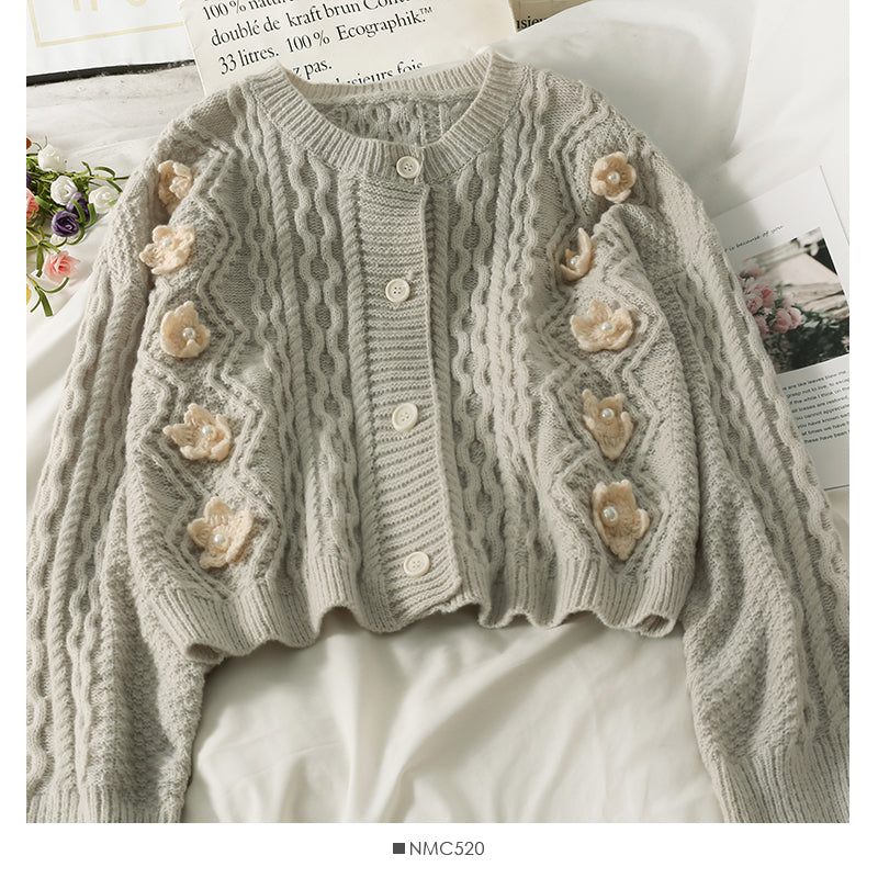 Sweater female nail bead three-dimensional flower single breasted cardigan top  1807