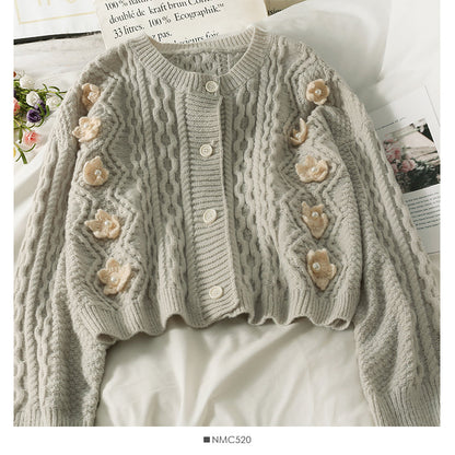 Sweater female nail bead three-dimensional flower single breasted cardigan top  1807