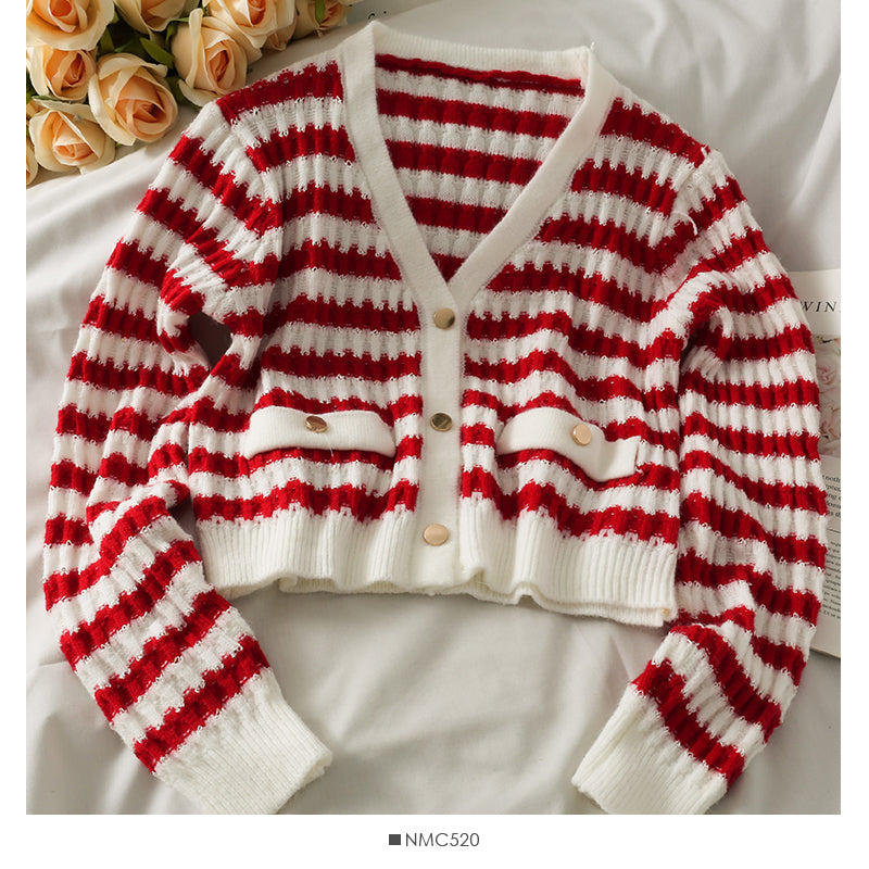 Striped loose thin single breasted cardigan long sleeved sweater  1850