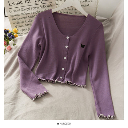 Butterfly Embroidery V-neck open collarbone sweater  1739