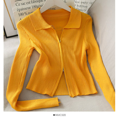 Personalized double zipper tight vertical stripe long sleeve knit  1777