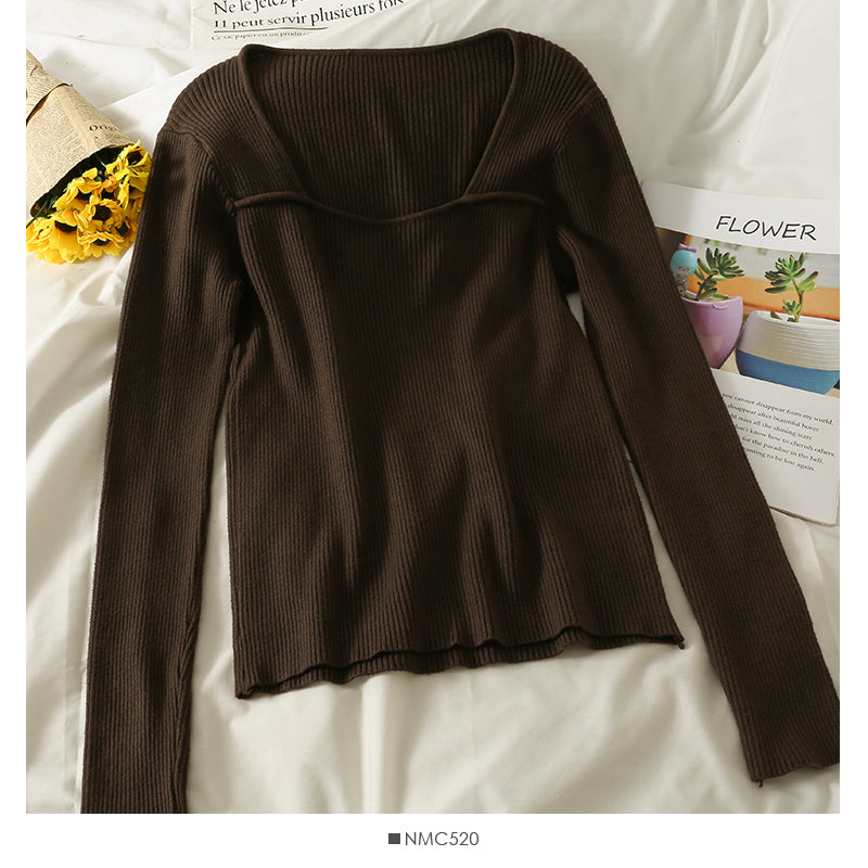 Solid color versatile low collar collarbone exposed long sleeve bottomed top  1813
