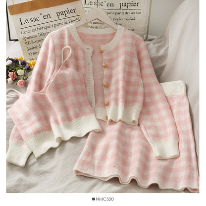 Round neck single breasted long sleeve loose sweater with short suspender skirt inside  2480