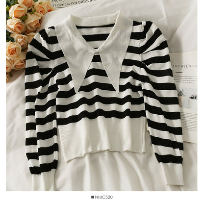 Niche short versatile stripe slim Lapel T-shirt  1887
