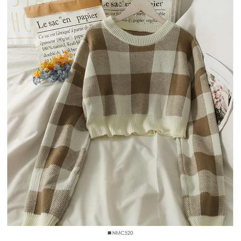 Korean color blocking Plaid round neck long sleeve Pullover short sweater  1968