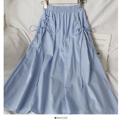 Elastic waist and thin two layers of solid color medium length A-line skirt for women  2589