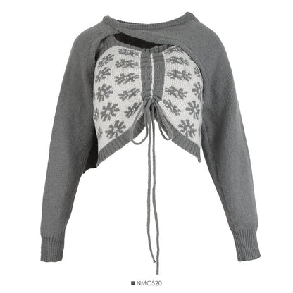 Design sense round neck long sleeve Pullover Sweater with suspender inside  1797