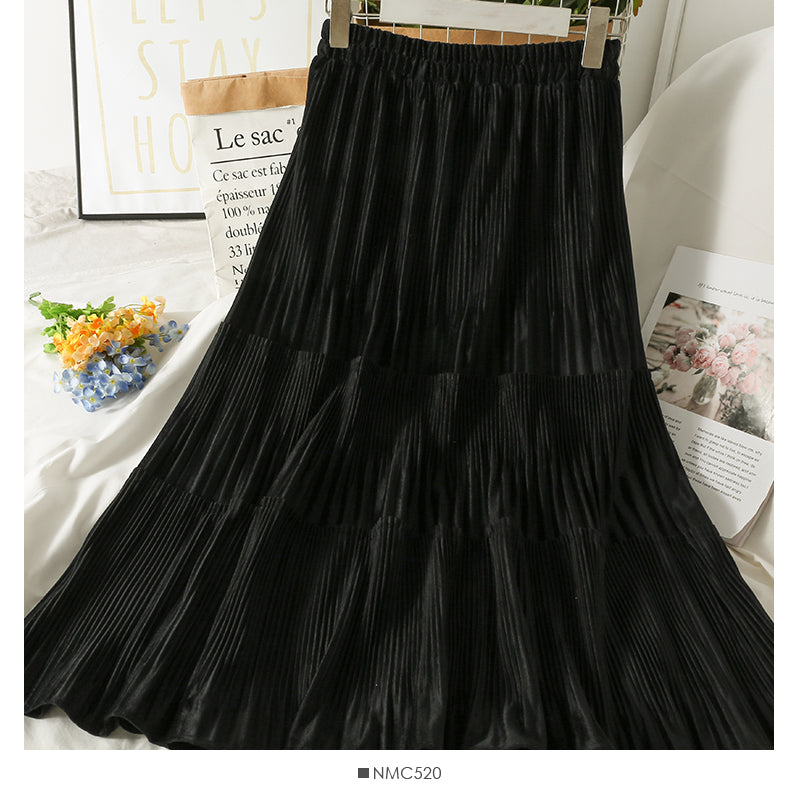 Retro loose slim stitching medium length organ pleated A-line skirt  2571