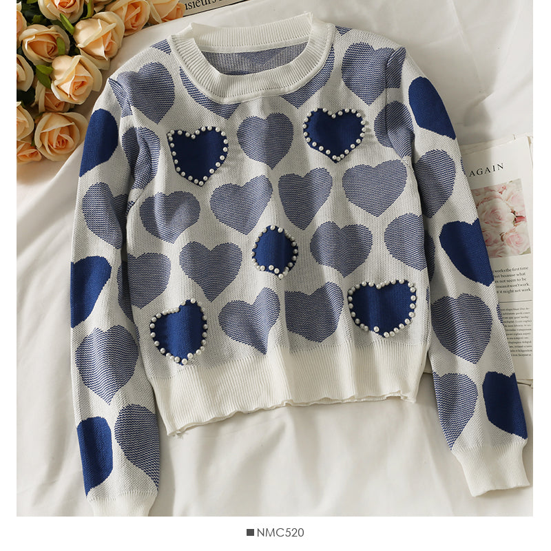 Sweet wind nail pearl heart print sweater for women  1839