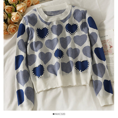 Sweet wind nail pearl heart print sweater for women  1839