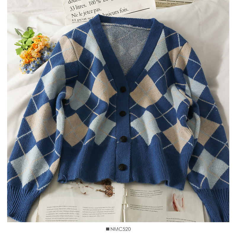 Diamond check single breasted V-Neck Sweater for women  1778