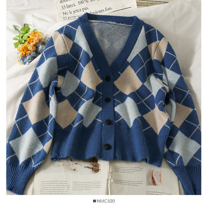 Diamond check single breasted V-Neck Sweater for women  1778