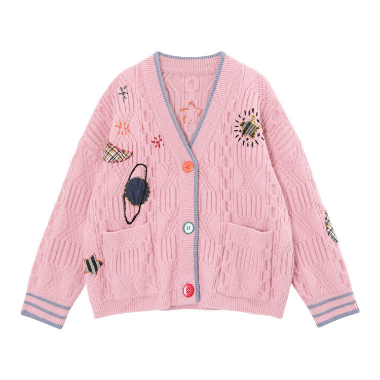 Loose, lazy, kiddie planet embroidered sweater  1439