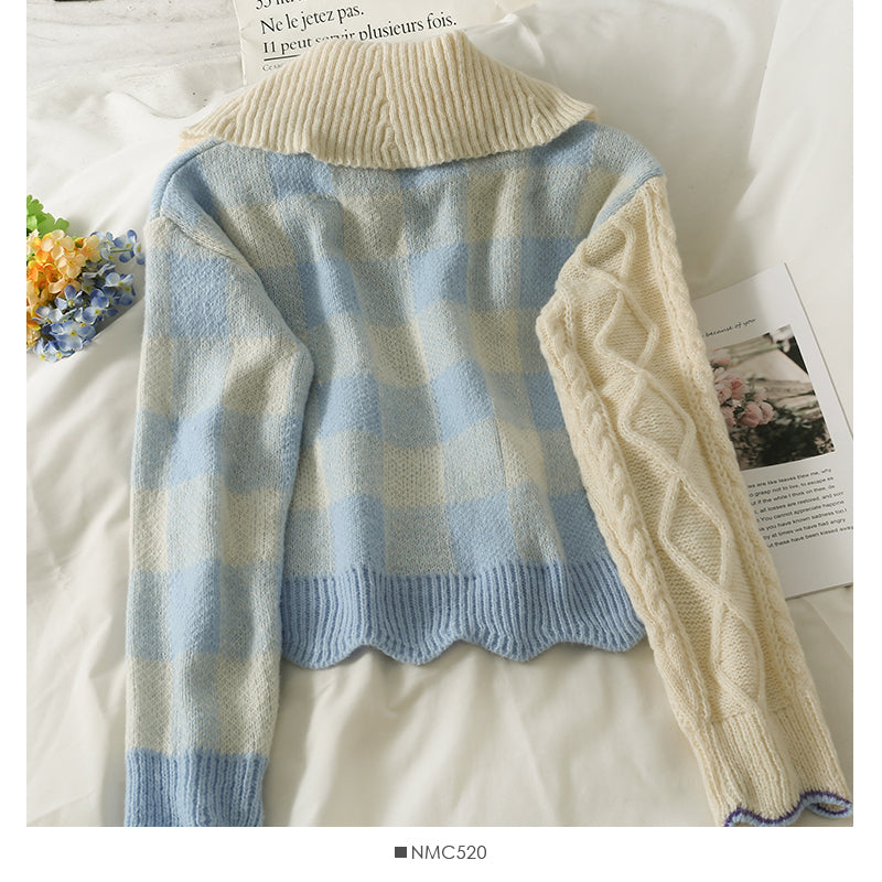Elegant style color blocking large lapel Plaid loose knit women's shirt  1899