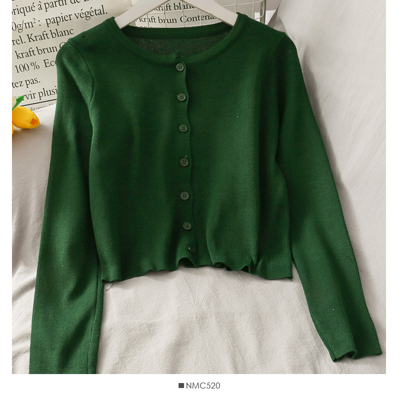 Net red same single breasted short slim fitting long sleeve knitted cardigan  1694