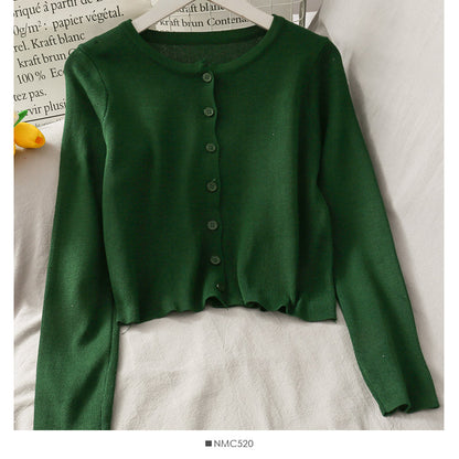 Net red same single breasted short slim fitting long sleeve knitted cardigan  1694