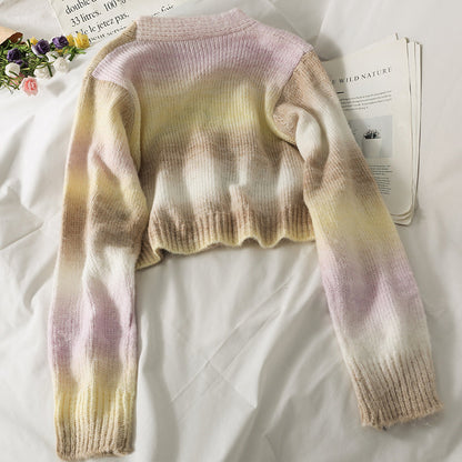 Sweet wind gradient color matching bow contrast short sweater  1783