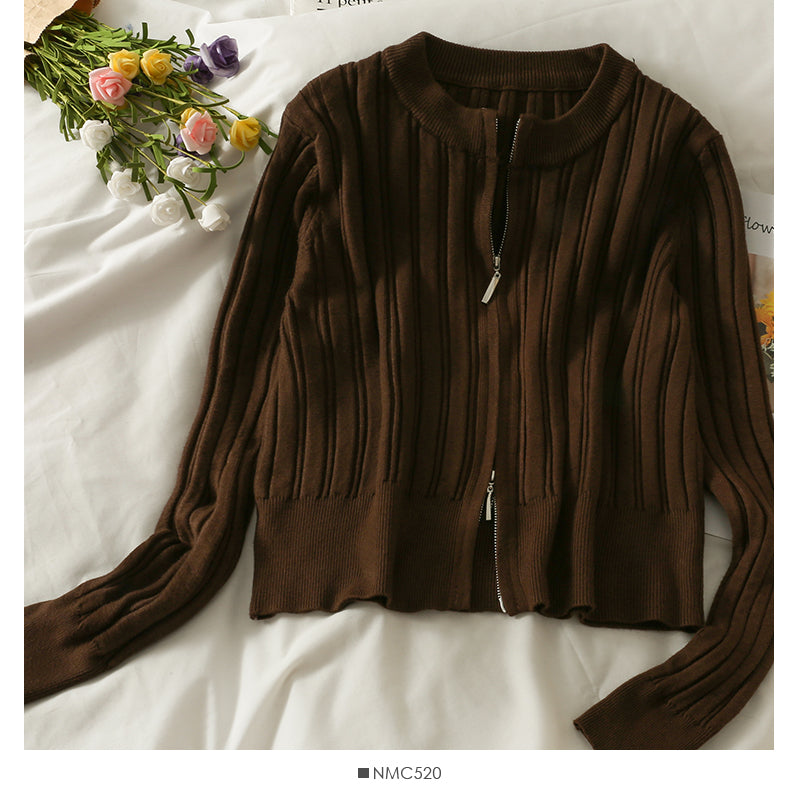 Slim vertical stripe crew neck short Zip Cardigan Sweater  1876