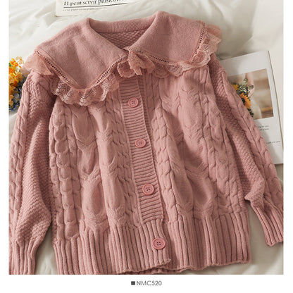 Sweet wind lace stitched wooden ear edge baby collar sweater  1900