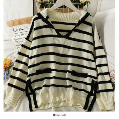 Korean color blocking stripe split loose thin V-Neck Sweater female  2000