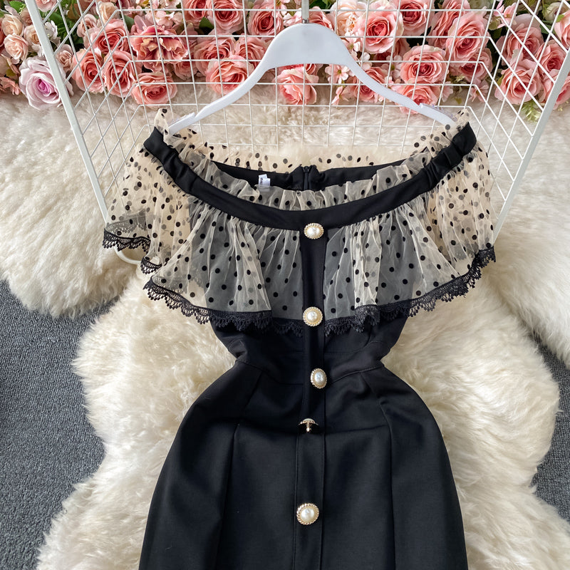 Temperament light mature style one shoulder wave dot mesh dress  2887