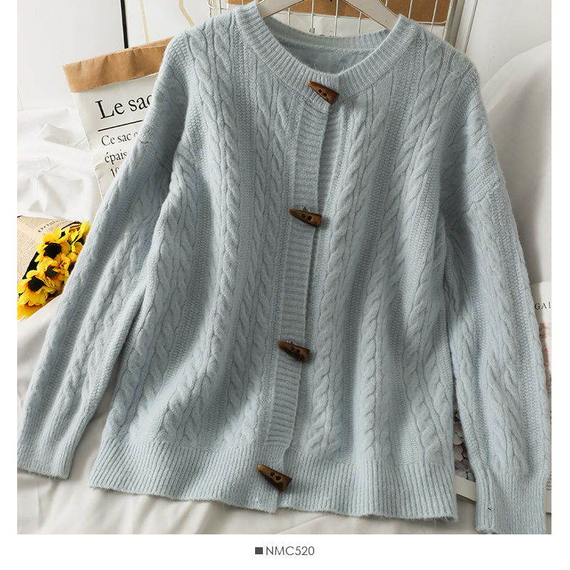 Sweater women's solid color ox horn button round neck sweater  1825