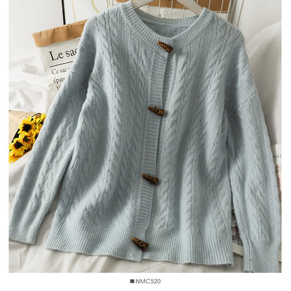 Sweater women's solid color ox horn button round neck sweater  1825