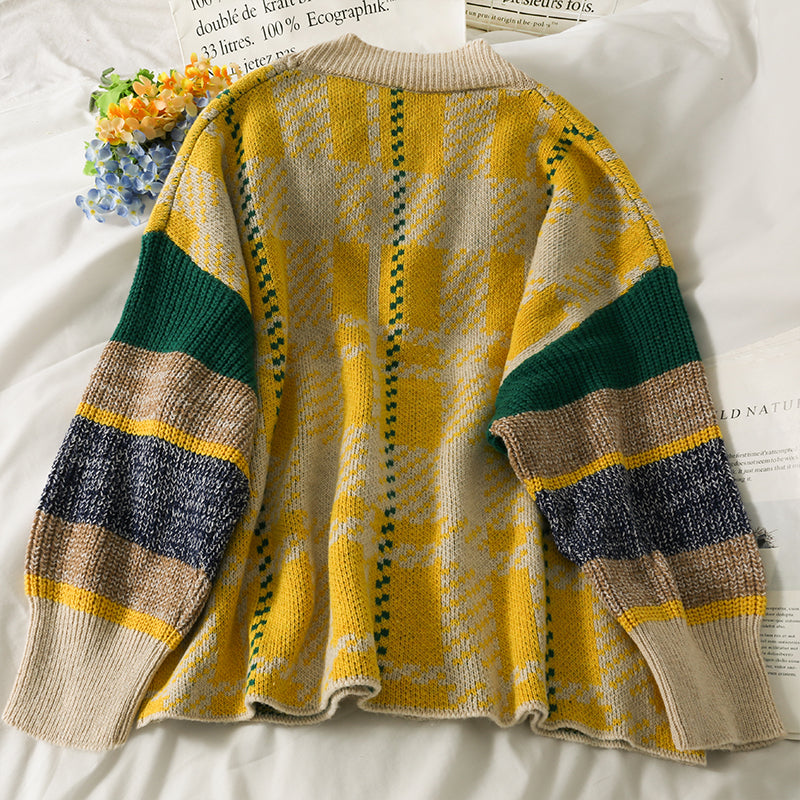 Hong Kong Style checkered single breasted cardigan sweater  1795