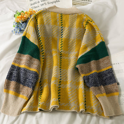 Hong Kong Style checkered single breasted cardigan sweater  1795