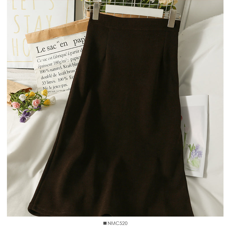 Hong Kong style retro high waist Plush thickened warm knee length skirt  2573