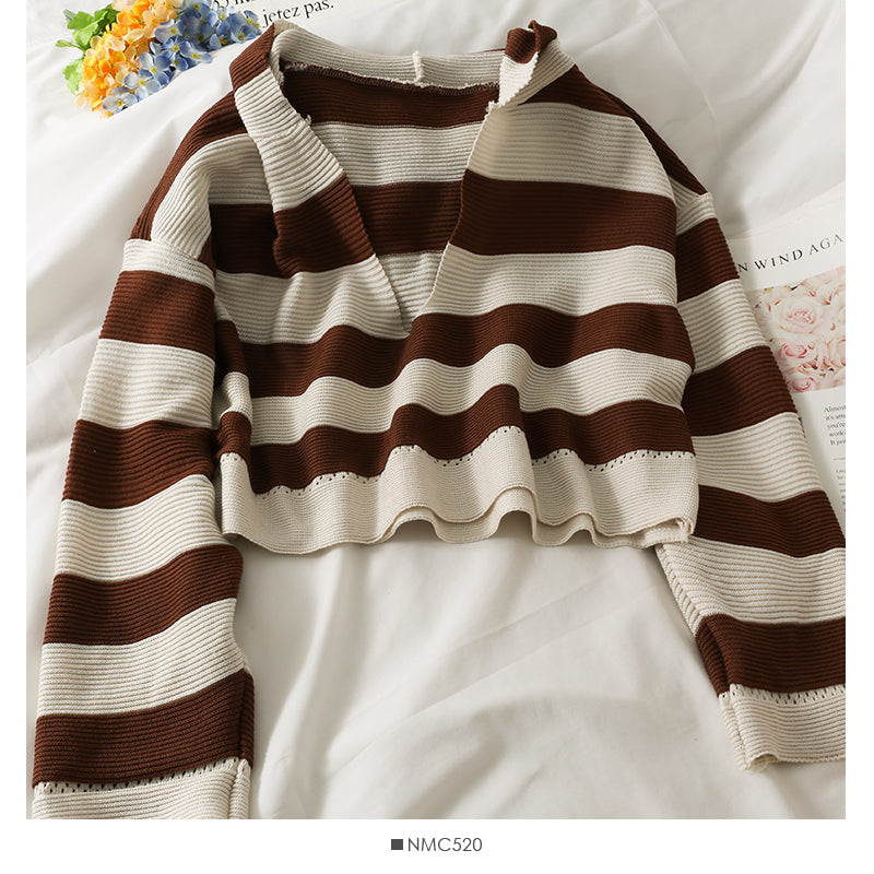 Hooded sweater women's autumn stripe versatile long sleeve Pullover Sweater  1989