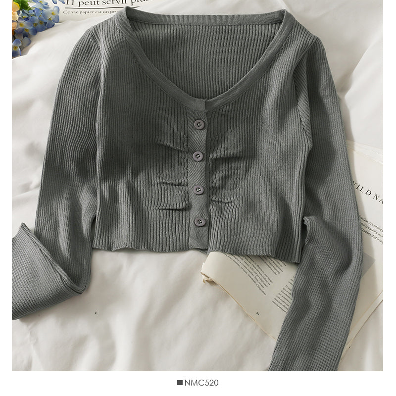 Long sleeve single breasted top women's new short versatile slim knit  1973