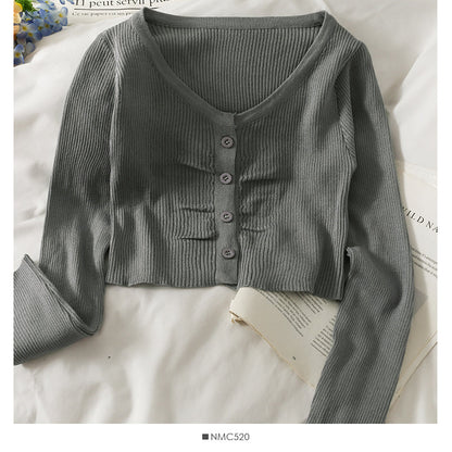 Long sleeve single breasted top women's new short versatile slim knit  1973