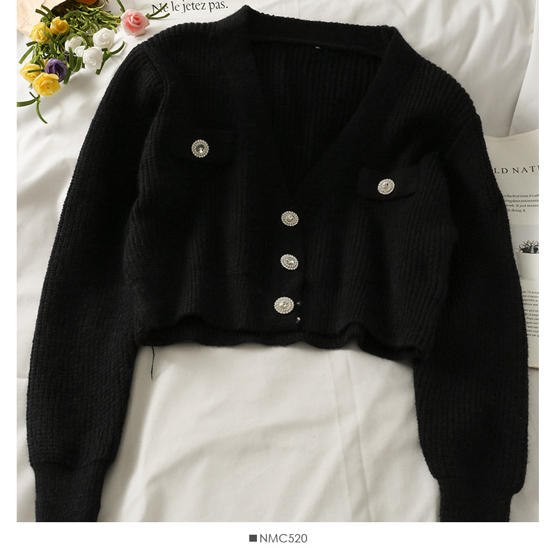 Small and versatile three button V-Neck long sleeved sweater coat  1733