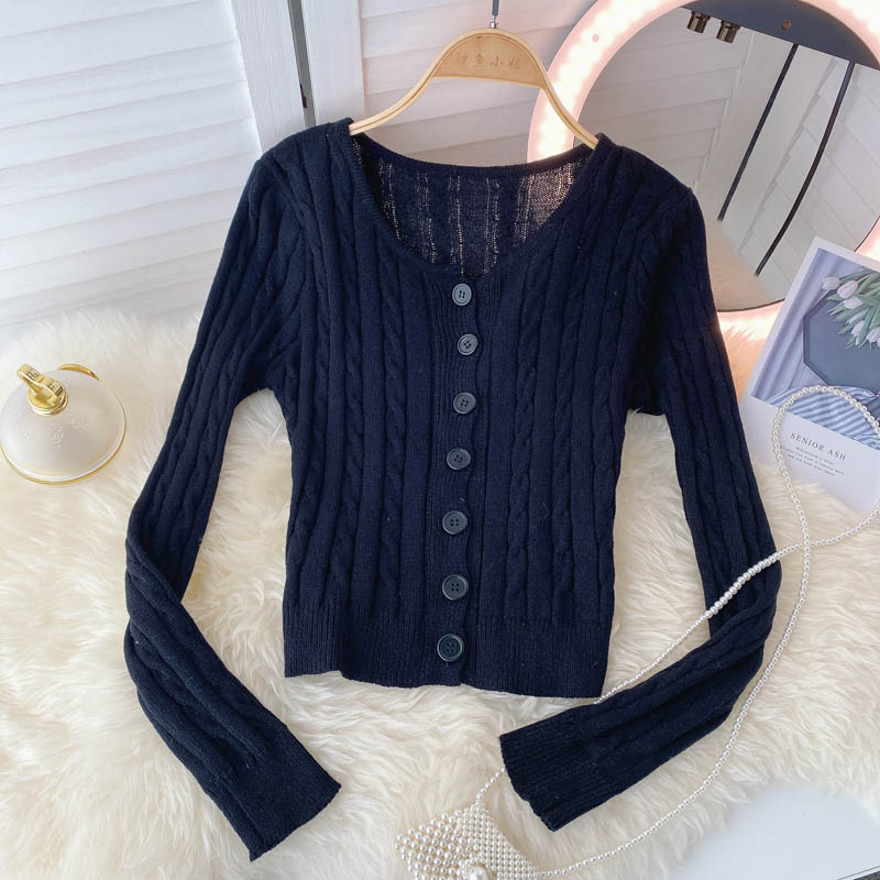 French retro single breasted twist wool sweater long sleeve knitting  1590