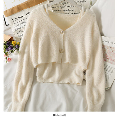 Plush short sweater with slim suspender vest inside  1749