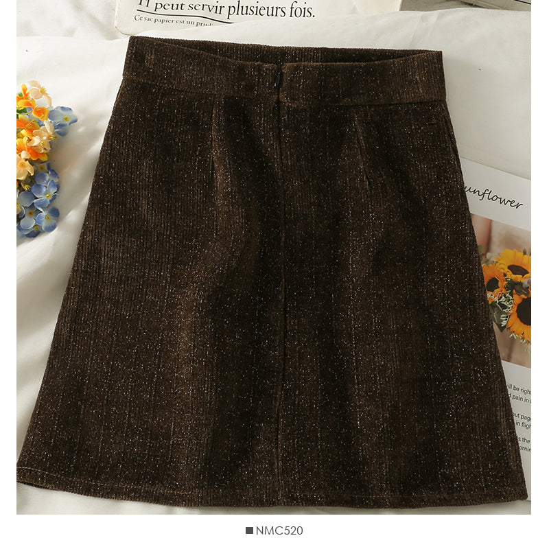 Hong Kong style retro bright silk vertical stripe buckle high waist slim A-line skirt  2588